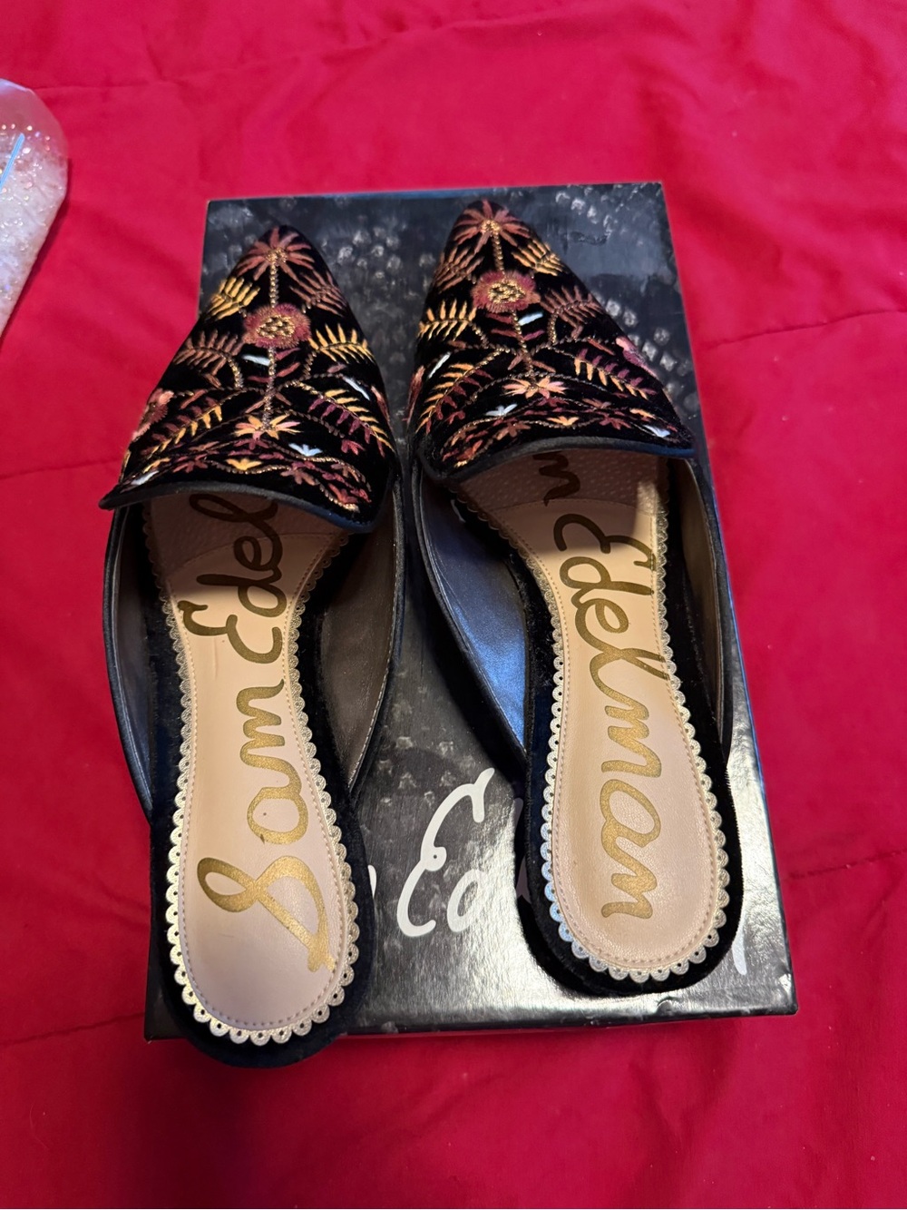 Sam Edelman Black Pointed-Toe Embroidered Mule